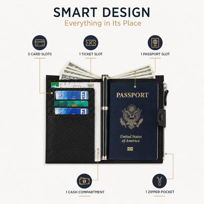RFID Blocking Genuine Leather Passport Holder for Travel, Slim Passport Wallet with Zipper Pocket, Cash Compartment & Card Slots, Travel Document Organizer for Men Women Family