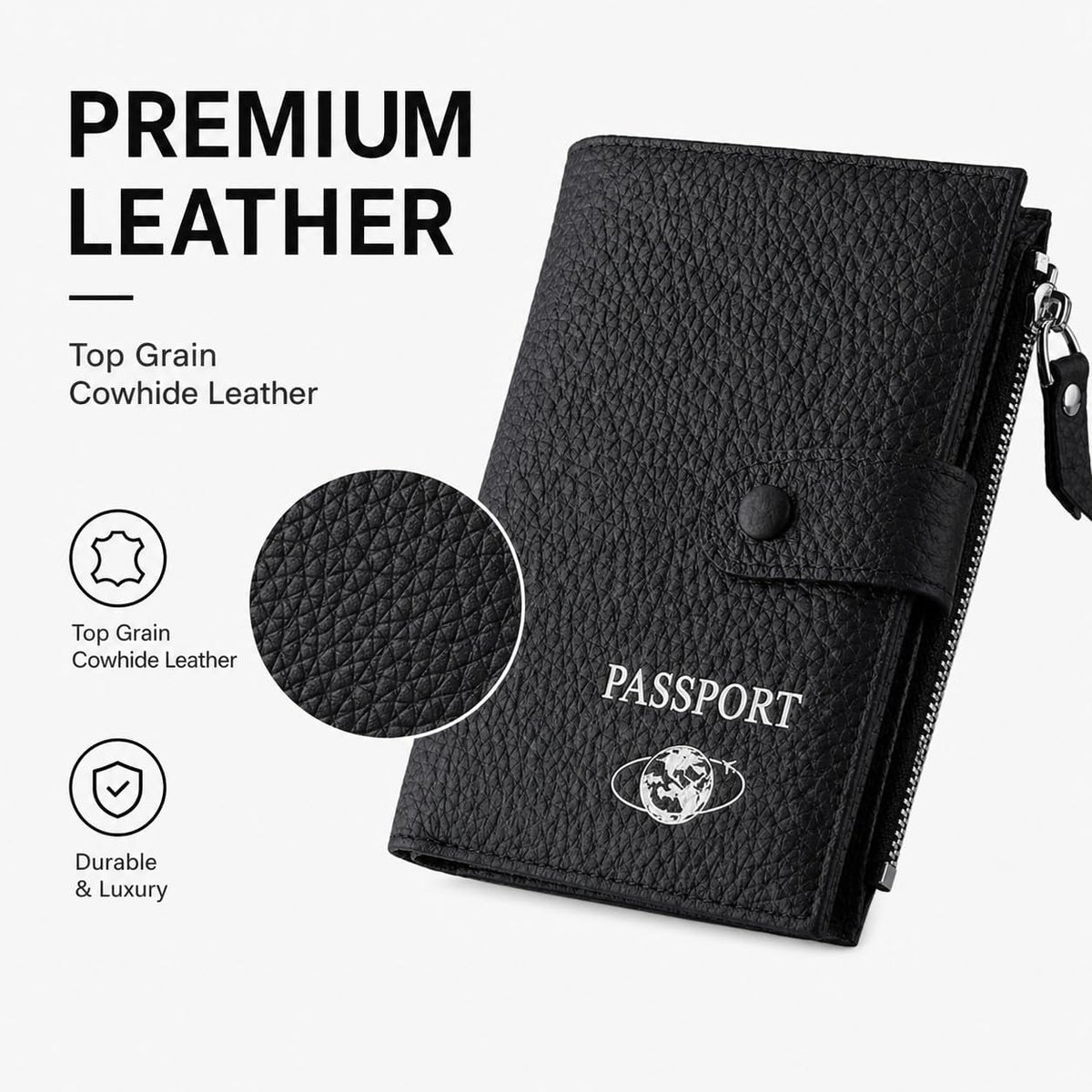 RFID Blocking Genuine Leather Passport Holder for Travel, Slim Passport Wallet with Zipper Pocket, Cash Compartment & Card Slots, Travel Document Organizer for Men Women Family