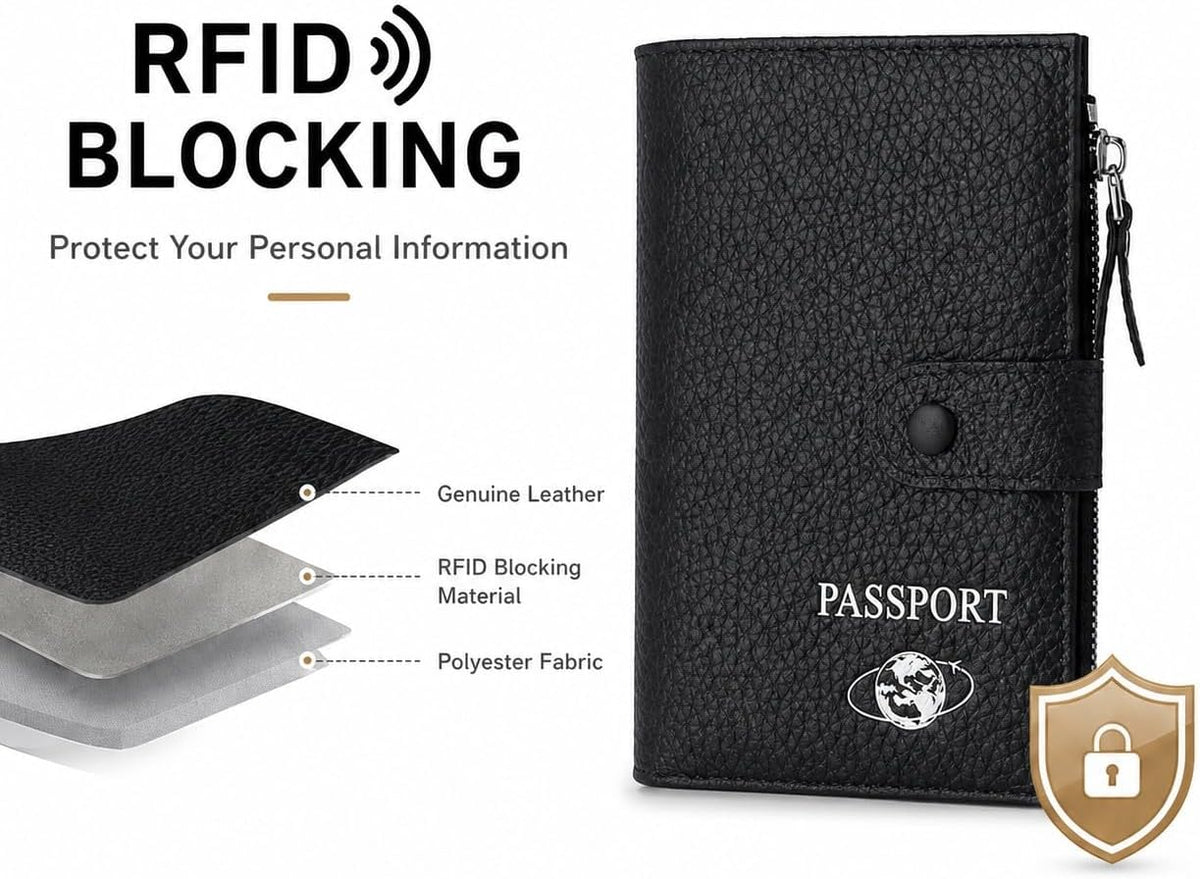 RFID Blocking Genuine Leather Passport Holder for Travel, Slim Passport Wallet with Zipper Pocket, Cash Compartment & Card Slots, Travel Document Organizer for Men Women Family