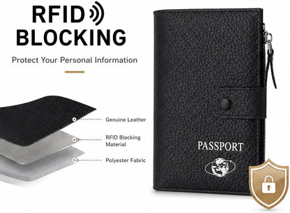 RFID Blocking Genuine Leather Passport Holder for Travel, Slim Passport Wallet with Zipper Pocket, Cash Compartment & Card Slots, Travel Document Organizer for Men Women Family
