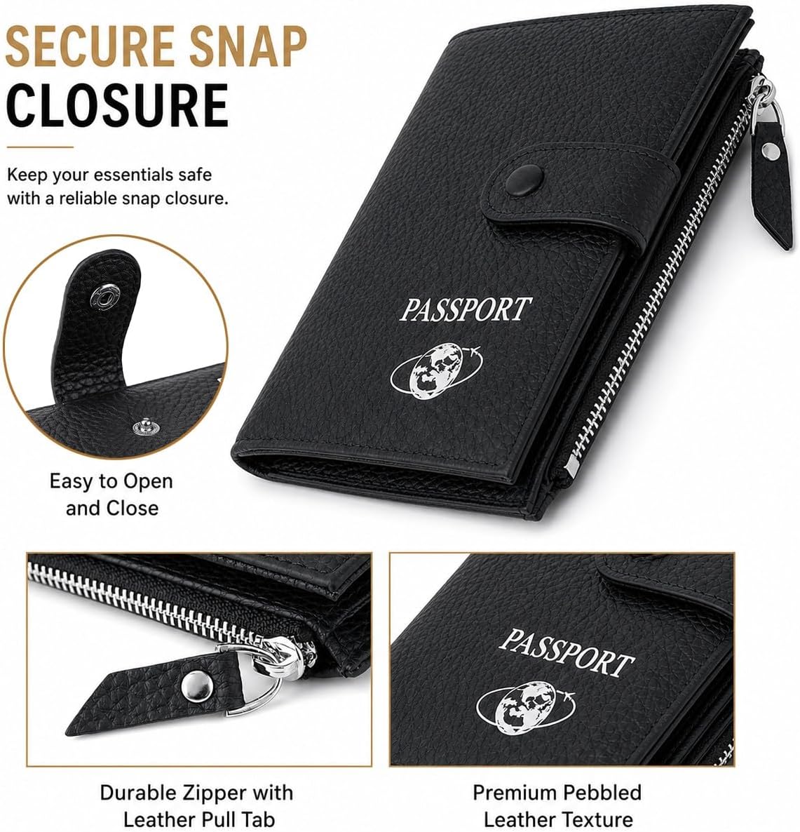RFID Blocking Genuine Leather Passport Holder for Travel, Slim Passport Wallet with Zipper Pocket, Cash Compartment & Card Slots, Travel Document Organizer for Men Women Family