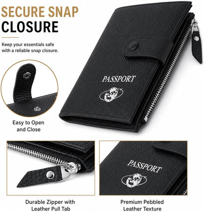 RFID Blocking Genuine Leather Passport Holder for Travel, Slim Passport Wallet with Zipper Pocket, Cash Compartment & Card Slots, Travel Document Organizer for Men Women Family
