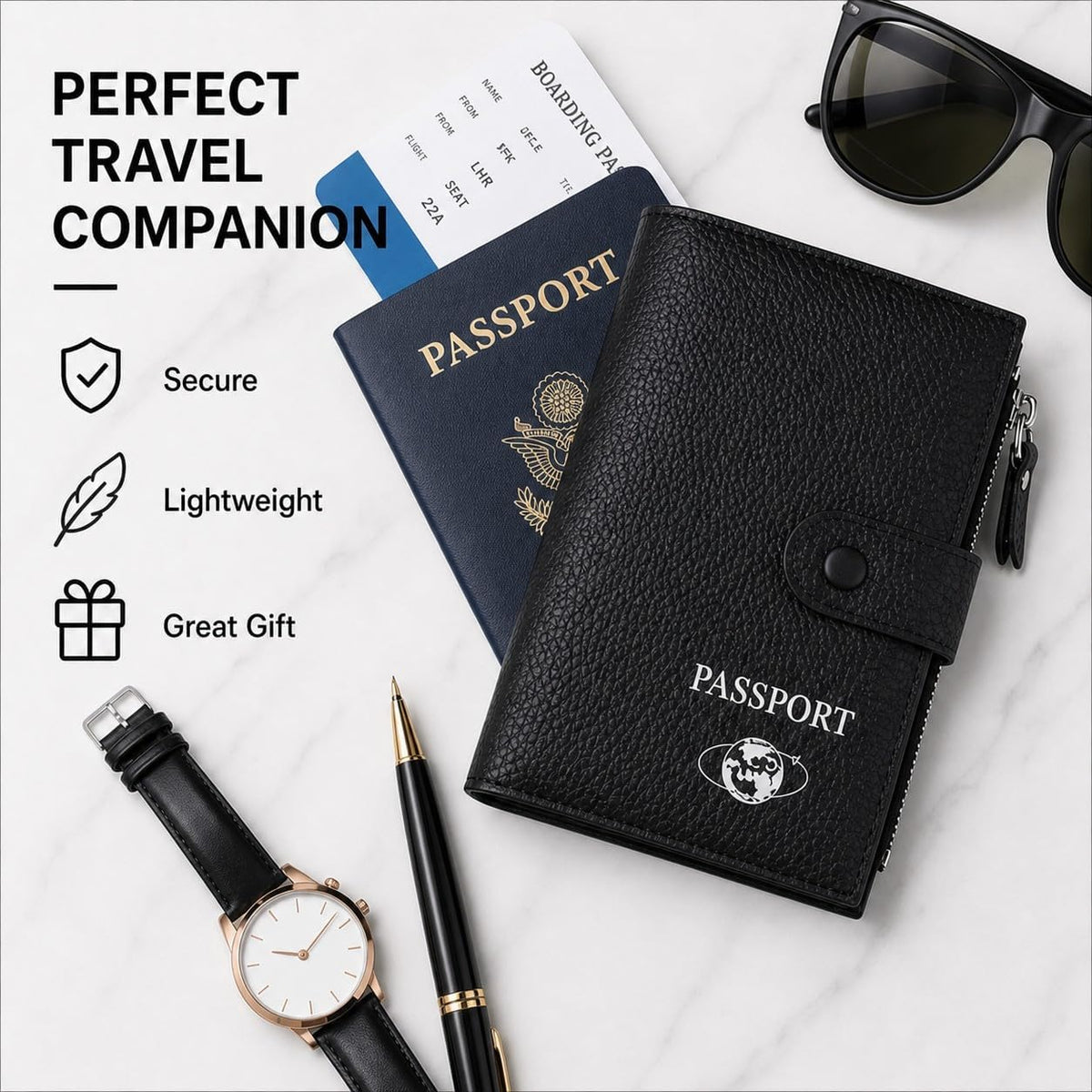 RFID Blocking Genuine Leather Passport Holder for Travel, Slim Passport Wallet with Zipper Pocket, Cash Compartment & Card Slots, Travel Document Organizer for Men Women Family