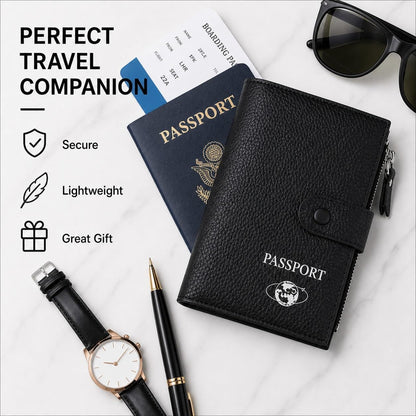 RFID Blocking Genuine Leather Passport Holder for Travel, Slim Passport Wallet with Zipper Pocket, Cash Compartment & Card Slots, Travel Document Organizer for Men Women Family