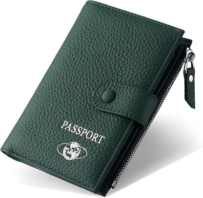 RFID Blocking Genuine Leather Passport Holder for Travel, Slim Passport Wallet with Zipper Pocket, Cash Compartment & Card Slots, Travel Document Organizer for Men Women Family