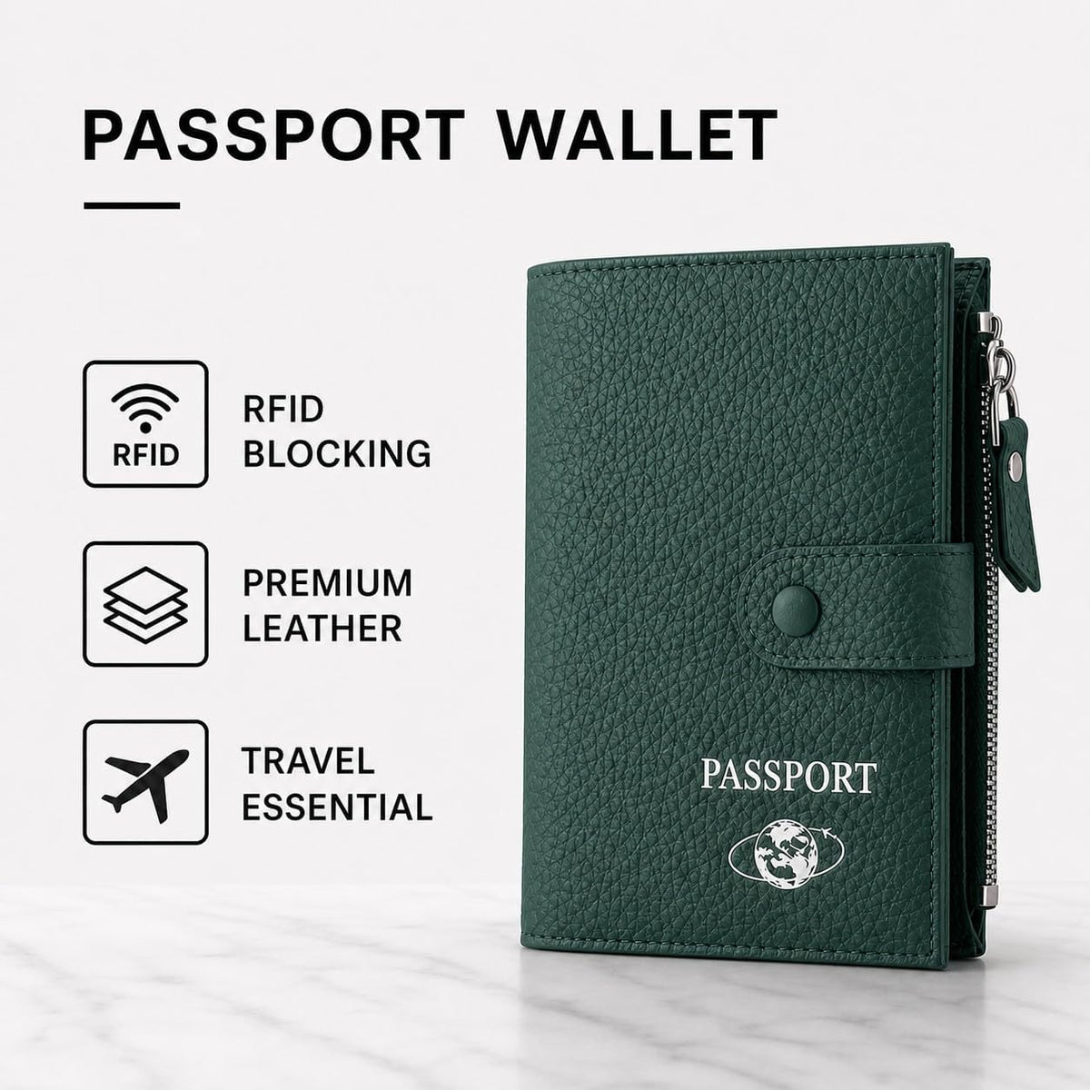 RFID Blocking Genuine Leather Passport Holder for Travel, Slim Passport Wallet with Zipper Pocket, Cash Compartment & Card Slots, Travel Document Organizer for Men Women Family