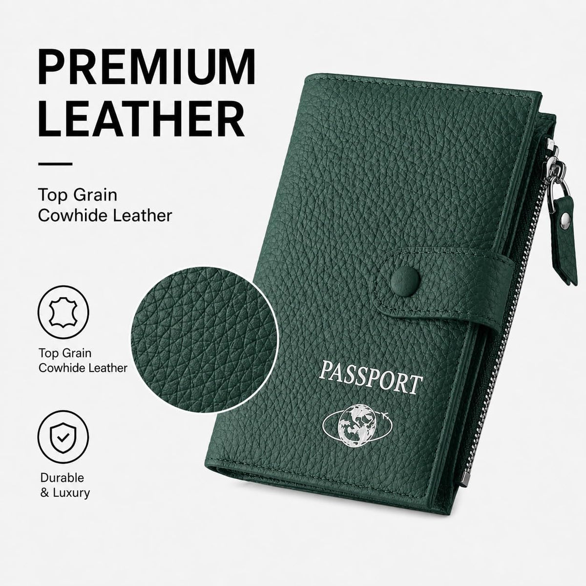 RFID Blocking Genuine Leather Passport Holder for Travel, Slim Passport Wallet with Zipper Pocket, Cash Compartment & Card Slots, Travel Document Organizer for Men Women Family