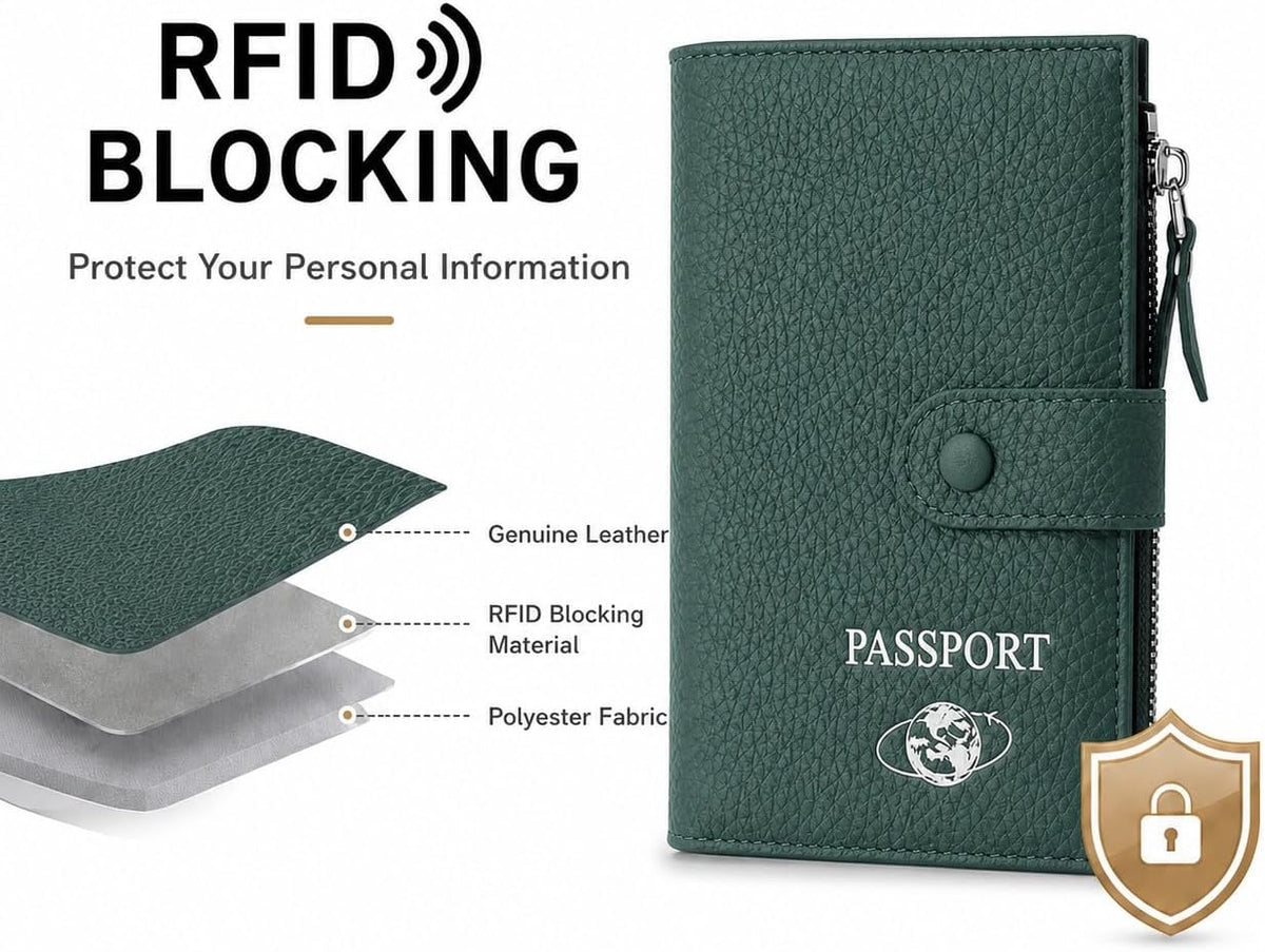 RFID Blocking Genuine Leather Passport Holder for Travel, Slim Passport Wallet with Zipper Pocket, Cash Compartment & Card Slots, Travel Document Organizer for Men Women Family
