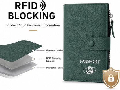 RFID Blocking Genuine Leather Passport Holder for Travel, Slim Passport Wallet with Zipper Pocket, Cash Compartment & Card Slots, Travel Document Organizer for Men Women Family