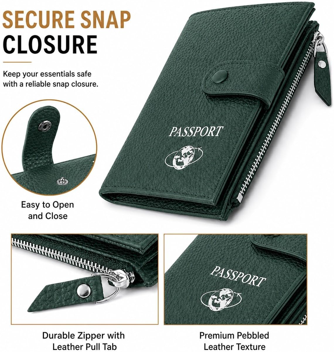 RFID Blocking Genuine Leather Passport Holder for Travel, Slim Passport Wallet with Zipper Pocket, Cash Compartment & Card Slots, Travel Document Organizer for Men Women Family