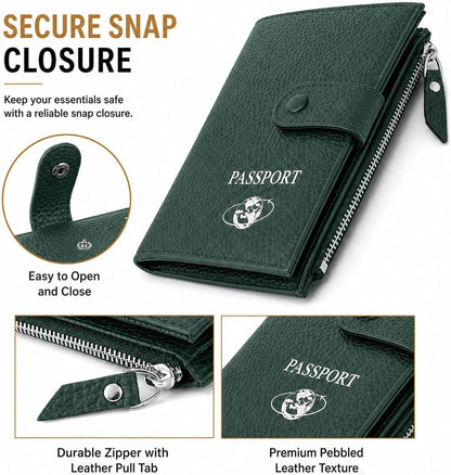 RFID Blocking Genuine Leather Passport Holder for Travel, Slim Passport Wallet with Zipper Pocket, Cash Compartment & Card Slots, Travel Document Organizer for Men Women Family
