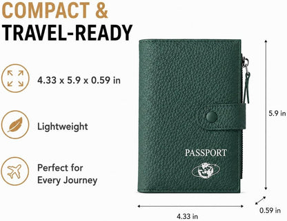 RFID Blocking Genuine Leather Passport Holder for Travel, Slim Passport Wallet with Zipper Pocket, Cash Compartment & Card Slots, Travel Document Organizer for Men Women Family