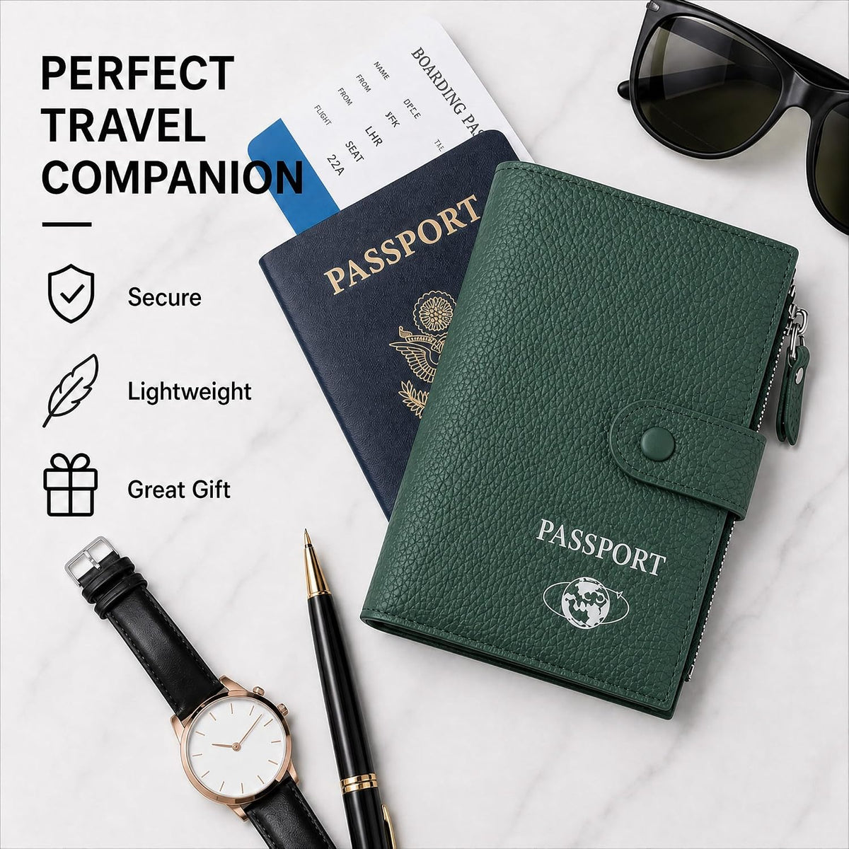 RFID Blocking Genuine Leather Passport Holder for Travel, Slim Passport Wallet with Zipper Pocket, Cash Compartment & Card Slots, Travel Document Organizer for Men Women Family