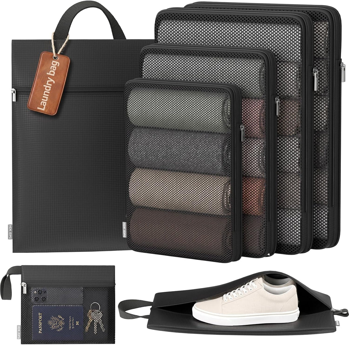 7 Set Compression Packing Cubes for Travel Essentials Luggage, Mesh Collapsible Packing Cubes for 20-22 inch Carry on Suitcase, Expandable Travel Packing Organizers with Shoe Laundry Bag(Black）