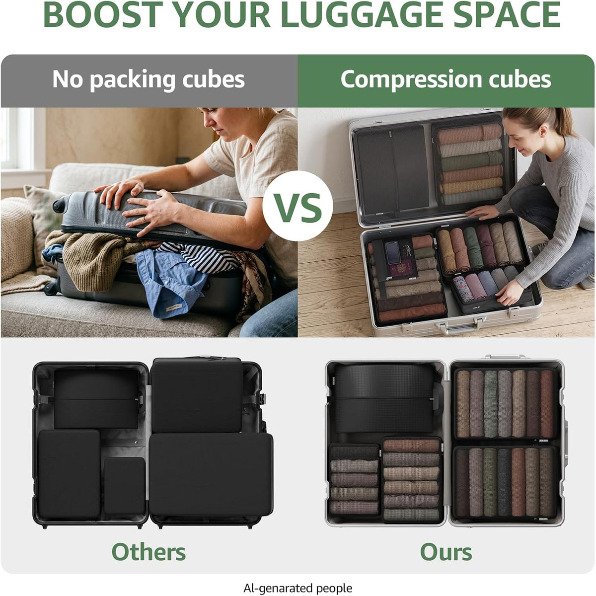 7 Set Compression Packing Cubes for Travel Essentials Luggage, Mesh Collapsible Packing Cubes for 20-22 inch Carry on Suitcase, Expandable Travel Packing Organizers with Shoe Laundry Bag(Black）