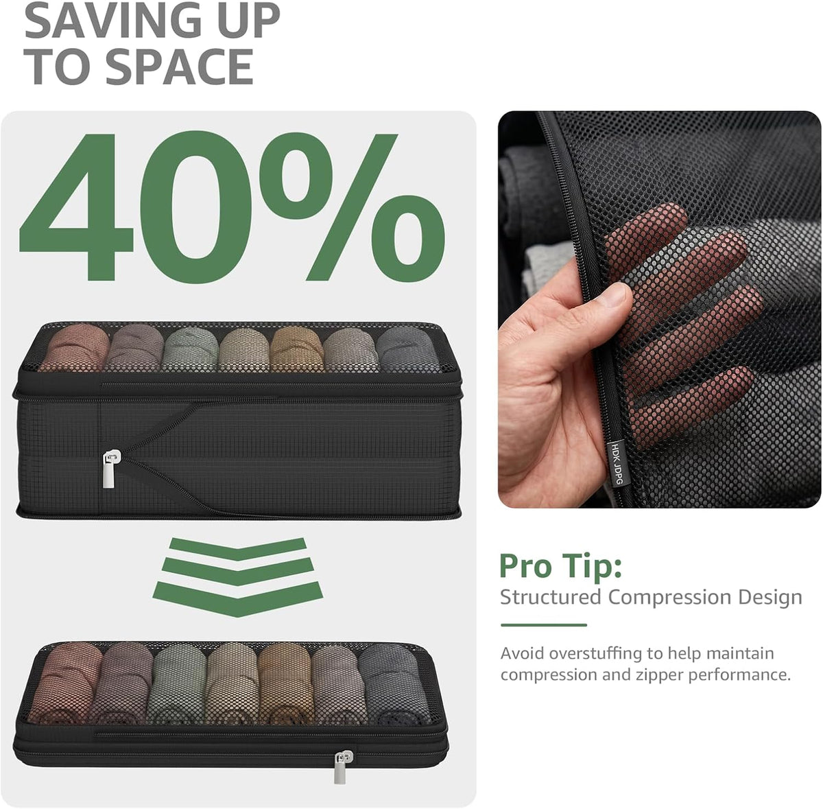 7 Set Compression Packing Cubes for Travel Essentials Luggage, Mesh Collapsible Packing Cubes for 20-22 inch Carry on Suitcase, Expandable Travel Packing Organizers with Shoe Laundry Bag(Black）