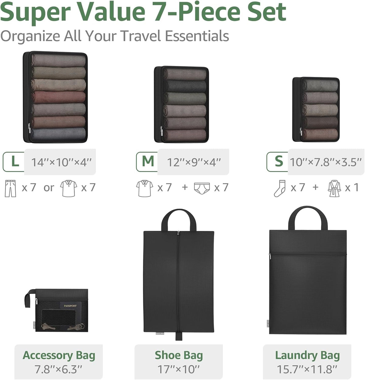 7 Set Compression Packing Cubes for Travel Essentials Luggage, Mesh Collapsible Packing Cubes for 20-22 inch Carry on Suitcase, Expandable Travel Packing Organizers with Shoe Laundry Bag(Black）