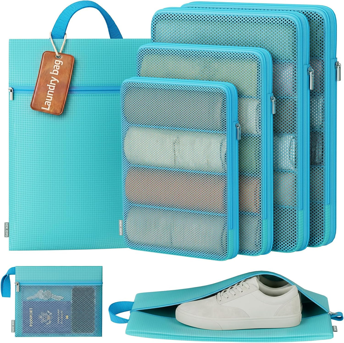 7 Set Compression Packing Cubes for Travel Essentials Luggage, Mesh Collapsible Packing Cubes for 20-22 inch Carry on Suitcase, Expandable Travel Packing Organizers with Shoe Laundry Bag(Black）