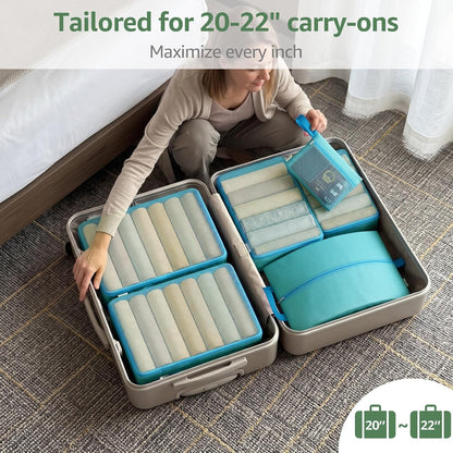 7 Set Compression Packing Cubes for Travel Essentials Luggage, Mesh Collapsible Packing Cubes for 20-22 inch Carry on Suitcase, Expandable Travel Packing Organizers with Shoe Laundry Bag(Black）