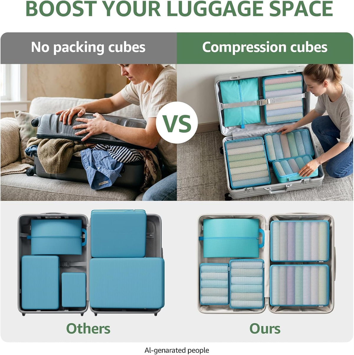 7 Set Compression Packing Cubes for Travel Essentials Luggage, Mesh Collapsible Packing Cubes for 20-22 inch Carry on Suitcase, Expandable Travel Packing Organizers with Shoe Laundry Bag(Black）