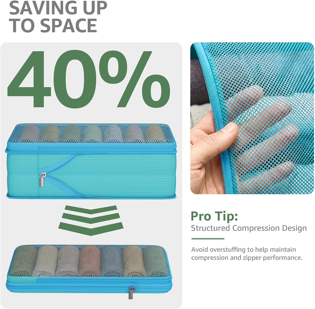 7 Set Compression Packing Cubes for Travel Essentials Luggage, Mesh Collapsible Packing Cubes for 20-22 inch Carry on Suitcase, Expandable Travel Packing Organizers with Shoe Laundry Bag(Black）