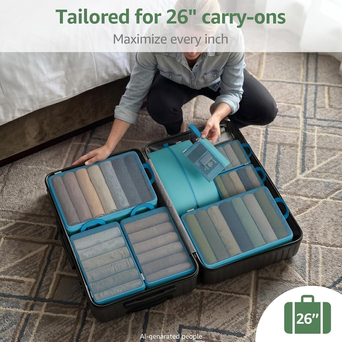7 Set Compression Packing Cubes for Travel Essentials Luggage, Mesh Collapsible Packing Cubes for 20-22 inch Carry on Suitcase, Expandable Travel Packing Organizers with Shoe Laundry Bag(Black）