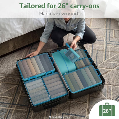 7 Set Compression Packing Cubes for Travel Essentials Luggage, Mesh Collapsible Packing Cubes for 20-22 inch Carry on Suitcase, Expandable Travel Packing Organizers with Shoe Laundry Bag(Black）