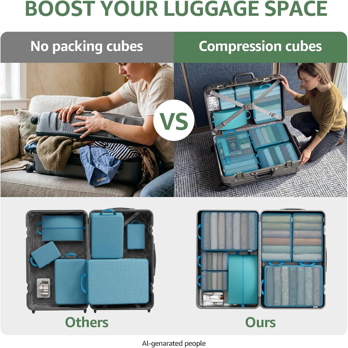 7 Set Compression Packing Cubes for Travel Essentials Luggage, Mesh Collapsible Packing Cubes for 20-22 inch Carry on Suitcase, Expandable Travel Packing Organizers with Shoe Laundry Bag(Black）