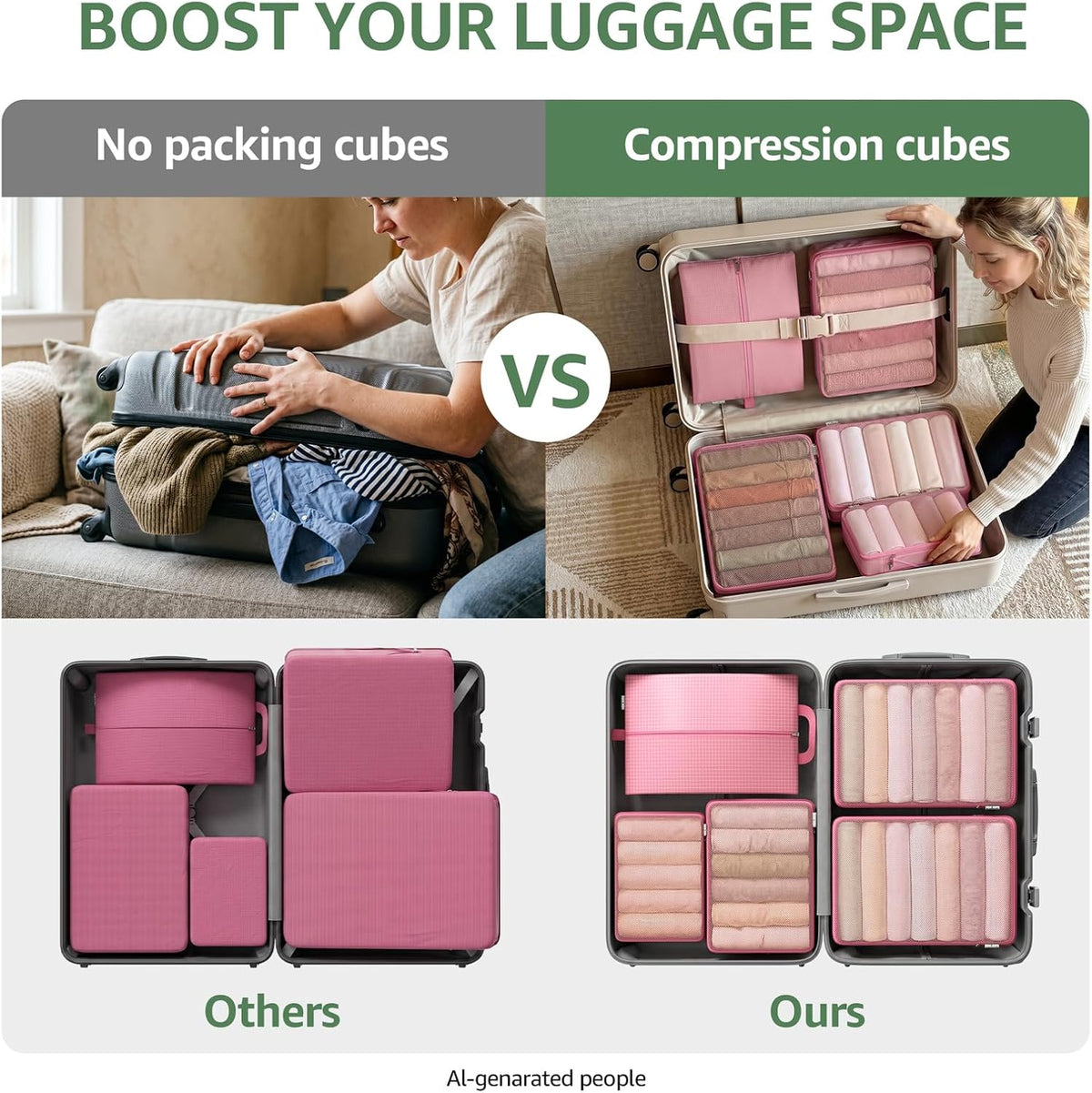 7 Set Compression Packing Cubes for Travel Essentials Luggage, Mesh Collapsible Packing Cubes for 20-22 inch Carry on Suitcase, Expandable Travel Packing Organizers with Shoe Laundry Bag(Black）