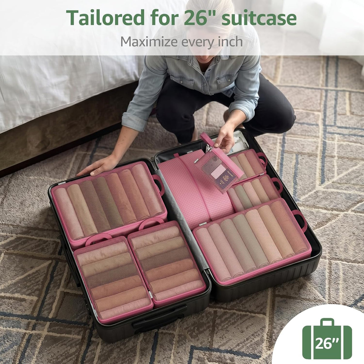 7 Set Compression Packing Cubes for Travel Essentials Luggage, Mesh Collapsible Packing Cubes for 20-22 inch Carry on Suitcase, Expandable Travel Packing Organizers with Shoe Laundry Bag(Black）