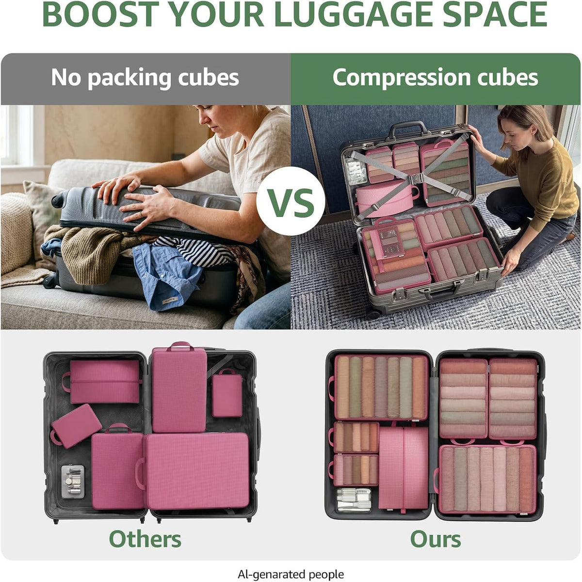7 Set Compression Packing Cubes for Travel Essentials Luggage, Mesh Collapsible Packing Cubes for 20-22 inch Carry on Suitcase, Expandable Travel Packing Organizers with Shoe Laundry Bag(Black）