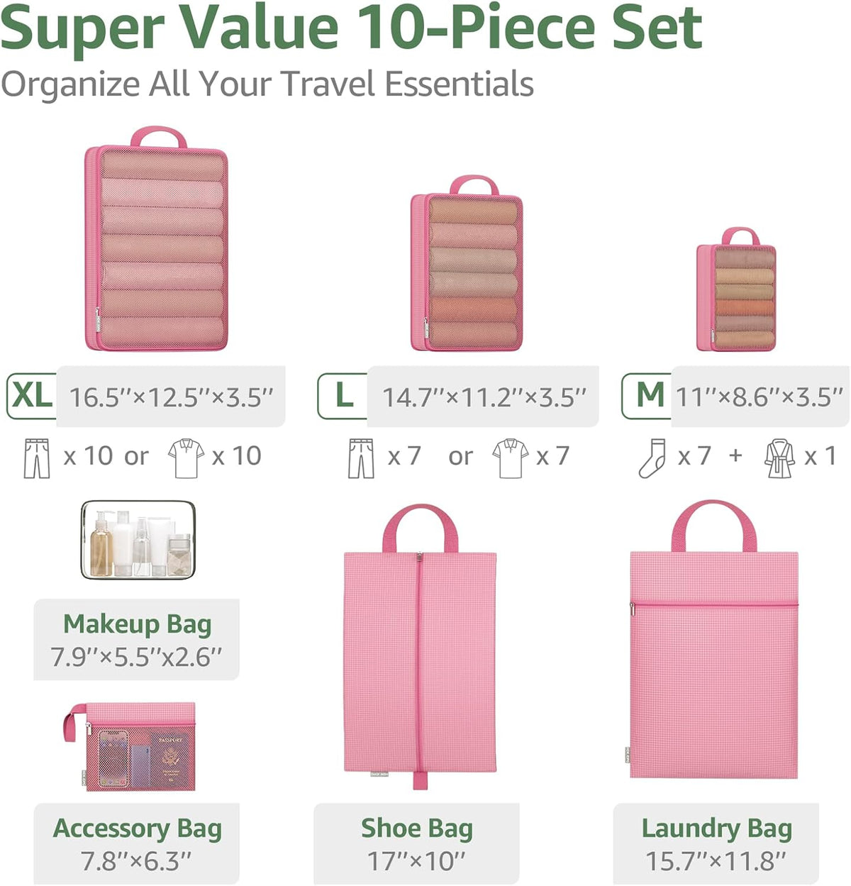 7 Set Compression Packing Cubes for Travel Essentials Luggage, Mesh Collapsible Packing Cubes for 20-22 inch Carry on Suitcase, Expandable Travel Packing Organizers with Shoe Laundry Bag(Black）