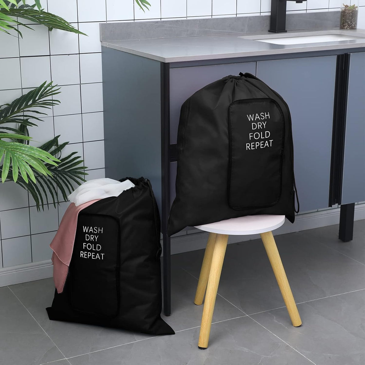 2 Pcs Travel Laundry Bag Washable Dirty Clothes Bag with Drawstring and Zipper for Suitcase, 22 x 18 Inch (Pink, Gray,Bubble)