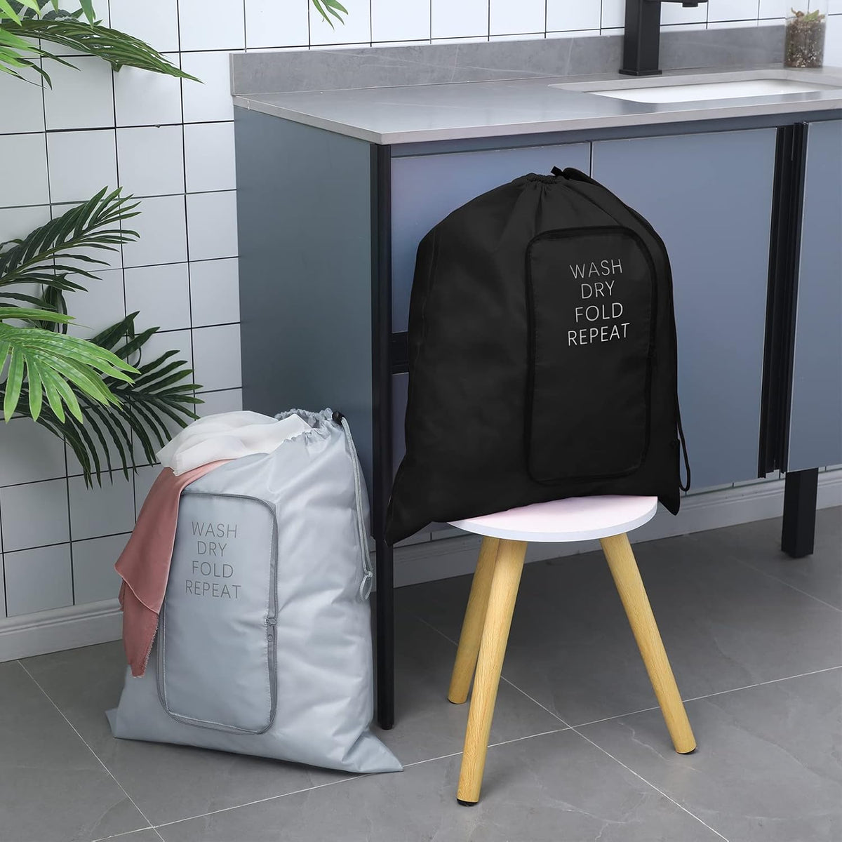 2 Pcs Travel Laundry Bag Washable Dirty Clothes Bag with Drawstring and Zipper for Suitcase, 22 x 18 Inch (Pink, Gray,Bubble)