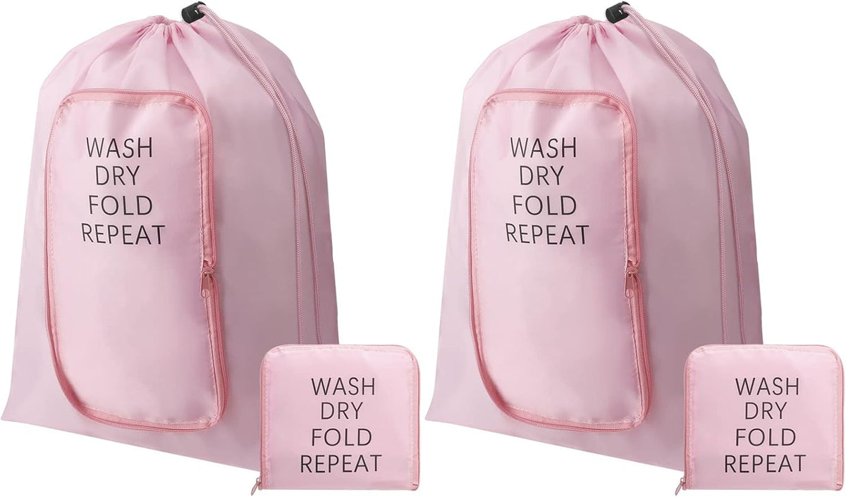 2 Pcs Travel Laundry Bag Washable Dirty Clothes Bag with Drawstring and Zipper for Suitcase, 22 x 18 Inch (Pink, Gray,Bubble)