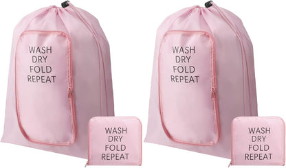 2 Pcs Travel Laundry Bag Washable Dirty Clothes Bag with Drawstring and Zipper for Suitcase, 22 x 18 Inch (Pink, Gray,Bubble)