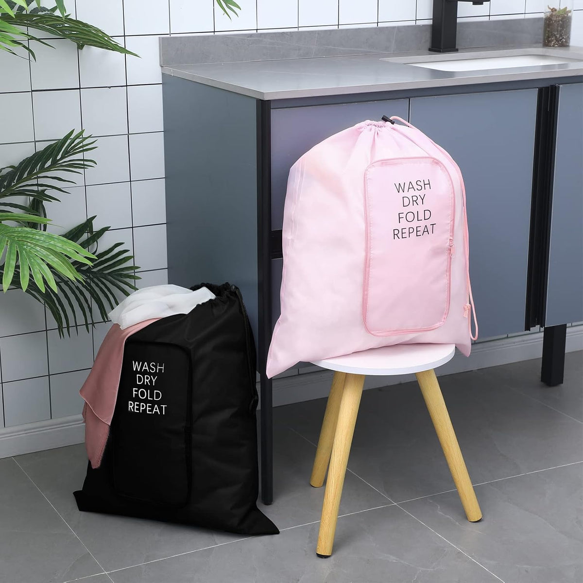 2 Pcs Travel Laundry Bag Washable Dirty Clothes Bag with Drawstring and Zipper for Suitcase, 22 x 18 Inch (Pink, Gray,Bubble)