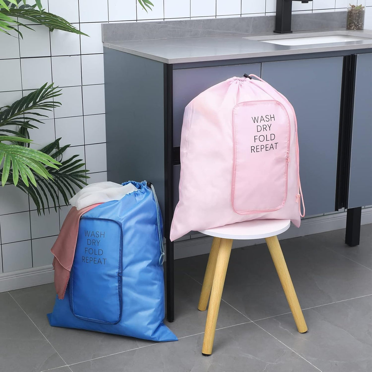2 Pcs Travel Laundry Bag Washable Dirty Clothes Bag with Drawstring and Zipper for Suitcase, 22 x 18 Inch (Pink, Gray,Bubble)