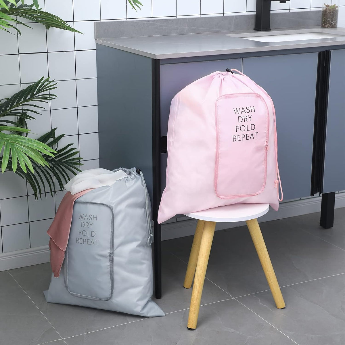 2 Pcs Travel Laundry Bag Washable Dirty Clothes Bag with Drawstring and Zipper for Suitcase, 22 x 18 Inch (Pink, Gray,Bubble)