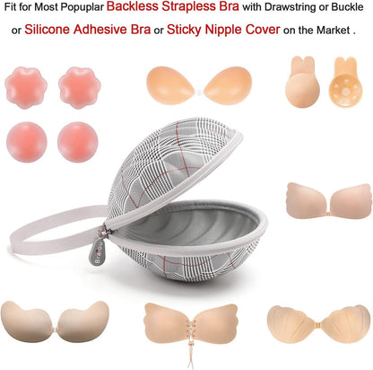 Hard Travel Case for Silicone Bras [A-C Cup] Premium Nubra Organizer Portable Lingerie Underwear Storage Bag (Brown Plaid)