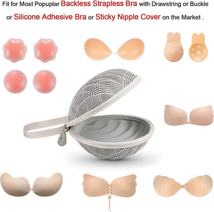 Hard Travel Case for Silicone Bras [A-C Cup] Premium Nubra Organizer Portable Lingerie Underwear Storage Bag (Brown Plaid)