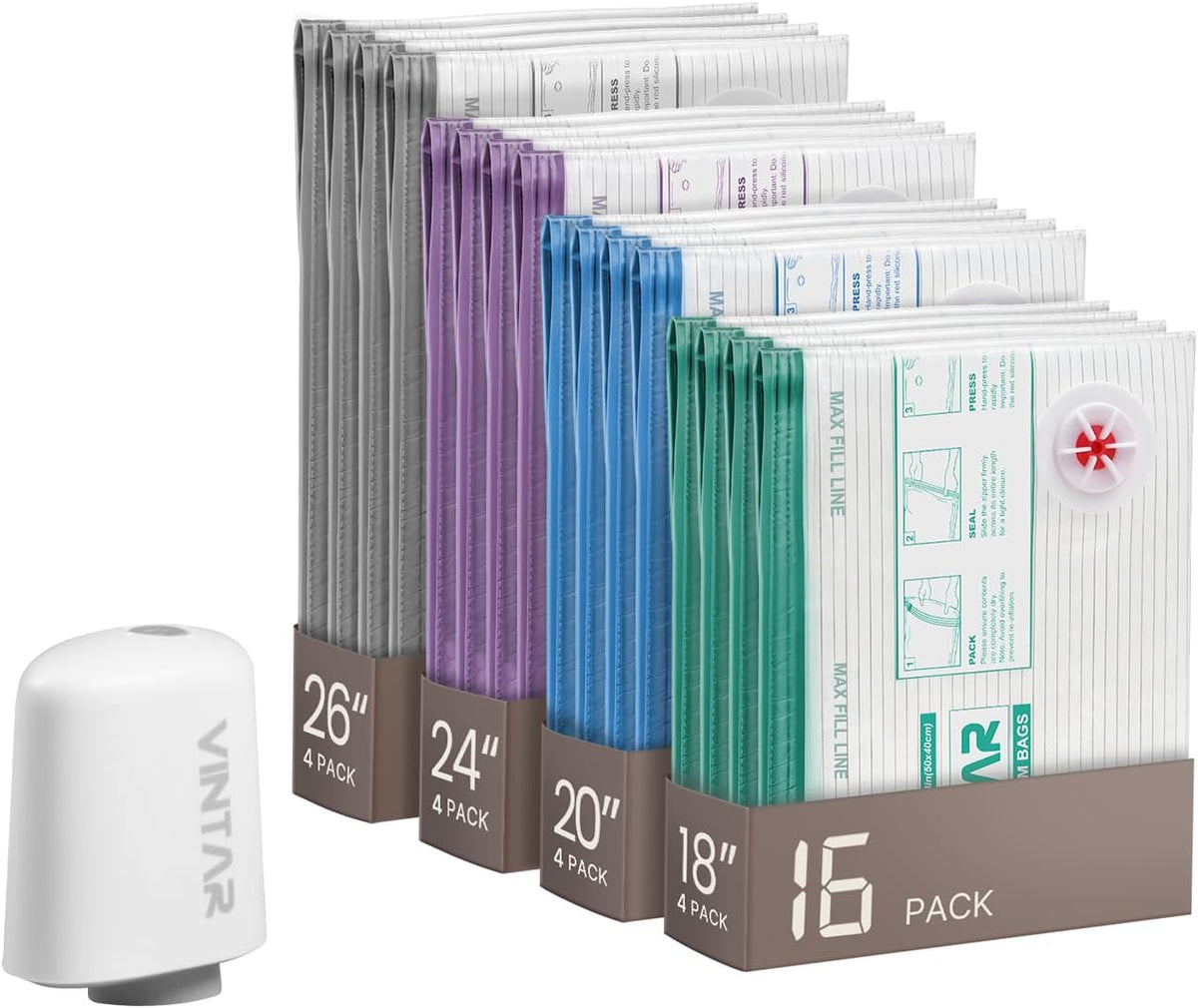 Vacuum Seal Bags for Clothing Travel with Rechargeable Cordless Pump, 20 Pack Space Saver Vacuum Storage Bags, Travel Vacuum Compression Bags Set for Luggage Clothes Bedding Blanket