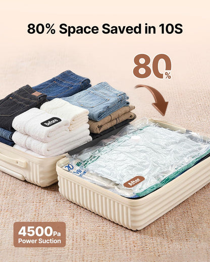Vacuum Seal Bags for Clothing Travel with Rechargeable Cordless Pump, 20 Pack Space Saver Vacuum Storage Bags, Travel Vacuum Compression Bags Set for Luggage Clothes Bedding Blanket