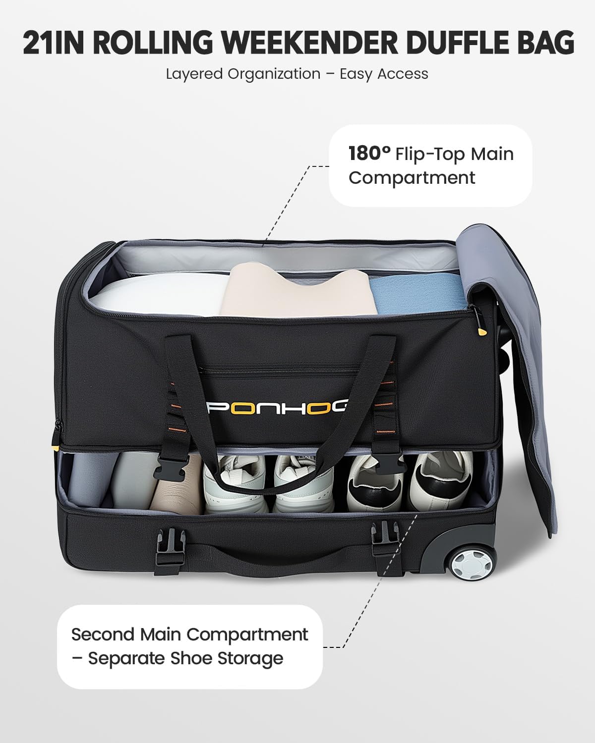 22 Inch Rolling Duffle Bag with Wheels for Men - Water Resistant Wheeled Duffle Bag for Weekend Travel & Overnight Trips, Black