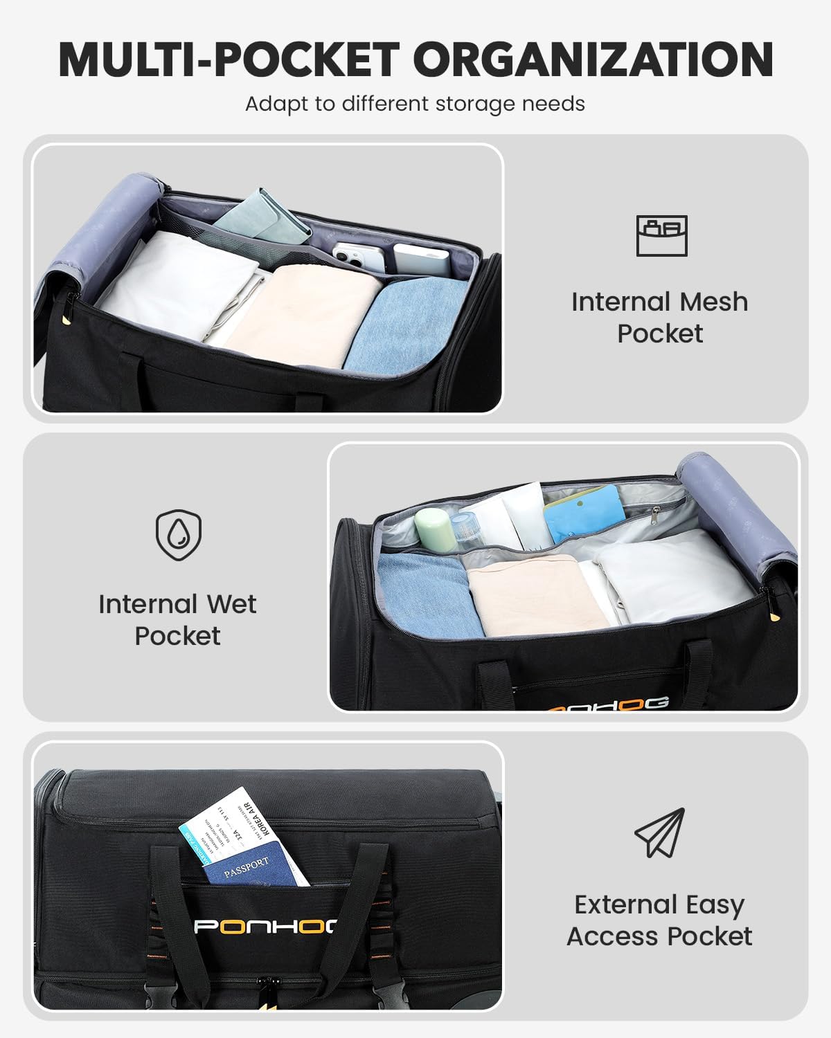 22 Inch Rolling Duffle Bag with Wheels for Men - Water Resistant Wheeled Duffle Bag for Weekend Travel & Overnight Trips, Black