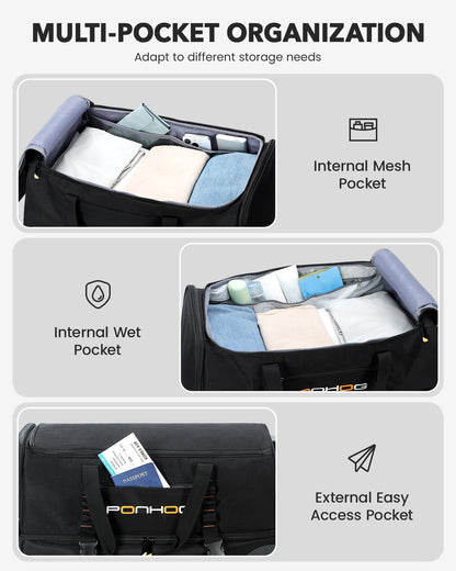 22 Inch Rolling Duffle Bag with Wheels for Men - Water Resistant Wheeled Duffle Bag for Weekend Travel & Overnight Trips, Black