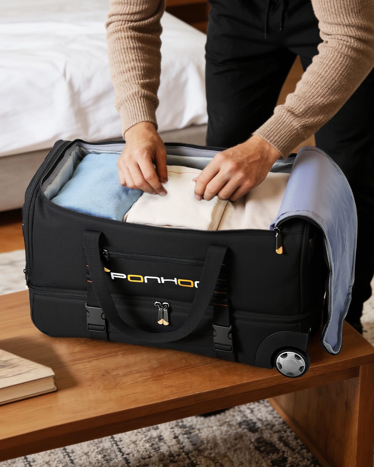 22 Inch Rolling Duffle Bag with Wheels for Men - Water Resistant Wheeled Duffle Bag for Weekend Travel & Overnight Trips, Black