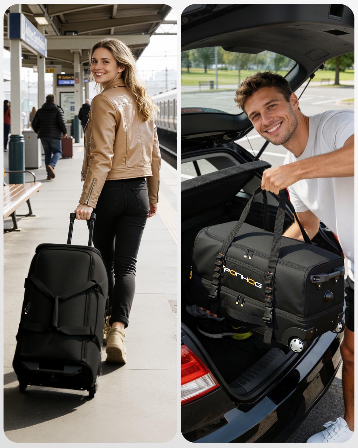 22 Inch Rolling Duffle Bag with Wheels for Men - Water Resistant Wheeled Duffle Bag for Weekend Travel & Overnight Trips, Black