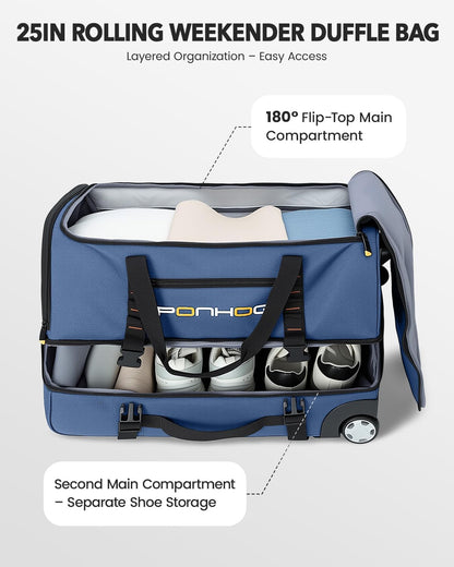 22 Inch Rolling Duffle Bag with Wheels for Men - Water Resistant Wheeled Duffle Bag for Weekend Travel & Overnight Trips, Black