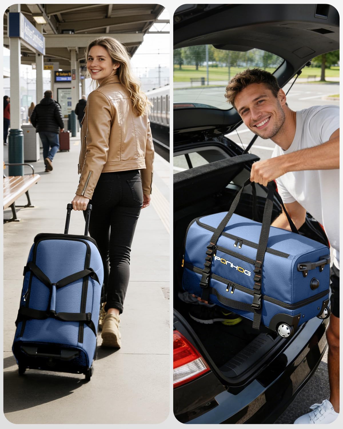 22 Inch Rolling Duffle Bag with Wheels for Men - Water Resistant Wheeled Duffle Bag for Weekend Travel & Overnight Trips, Black